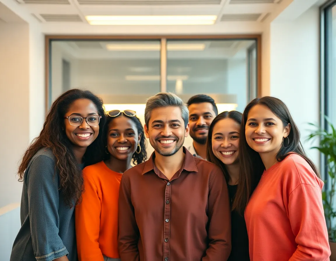 Multicultural Team Celebrating Success A joyful multicultural team celebrates the successful completion of a project in a bright office setting. The warm rim light highlighting their faces adds to the celebratory mood, while the soft fill light maintains the heartwarming atmosphere. Each unique expression reflects achievement and teamwork, captured with a shallow depth of field that softly blurs the background, enhancing their unity and connection.