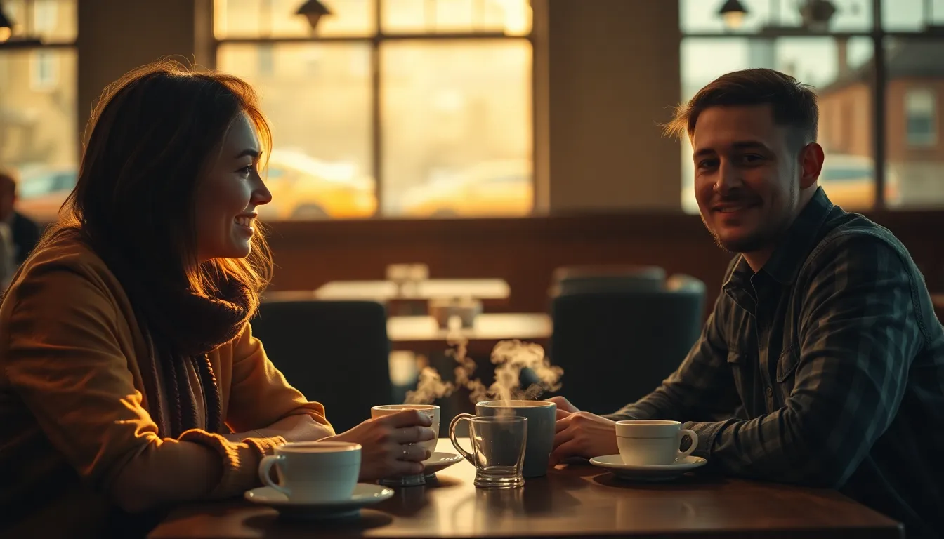 Teamwork Over Coffee in Cozy Café A serene and inviting scene of a diverse team of coworkers enjoying a coffee break in a cozy café. Under warm Rembrandt lighting, their expressions of camaraderie shine through, as they share ideas and laughter. The natural muted color palette gives a relaxed vibe, while the textures of the wooden tables and cups add warmth to the overall composition, capturing the essence of teamwork in a casual setting.