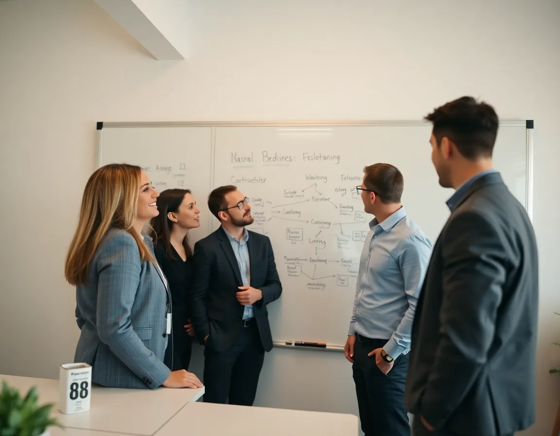 This image portrays a professional team engaged in a strategy meeting around a whiteboard, sharing innovative ideas. The soft fill lighting from a large umbrella softbox creates an even and flattering illumination, enhancing the natural muted tones of their attire. The hyperfocal distance ensures everything is sharp, capturing the details of their expressions as they collaborate. The balanced composition effectively highlights both the team and the dynamic visuals on the whiteboard.