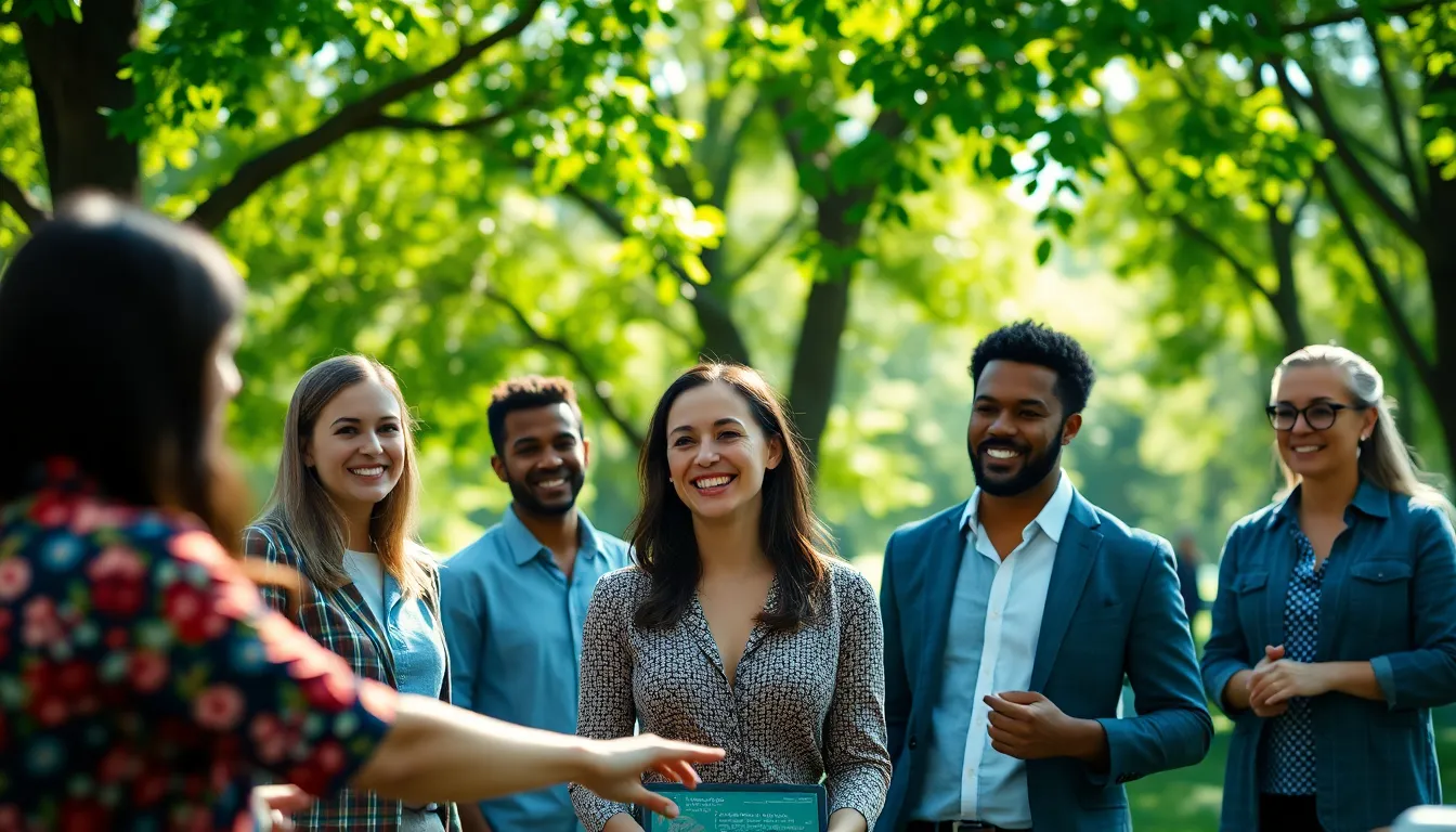 An engaging outdoor scene showcases a diverse group of professionals actively participating in a team-building activity at a lush park. Bright morning sunlight filters through the leaves, casting beautiful patterns on the ground. The joyful expressions of the team highlight their collaboration and enthusiasm. A vibrant color palette of greens and blues evokes a feeling of vitality and teamwork.