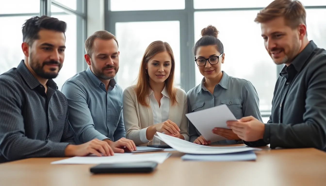 Teamwork and Professionalism in Bright Meeting Room A professional image capturing a diverse group of individuals engaged in a brainstorming session inside a bright meeting room. The overcast daylight filters in softly, enriching the natural colors of the scene. The symmetrical composition emphasizes teamwork and focus, while the textures of their clothing and paperwork add an element of depth to the image, showcasing a productive environment.