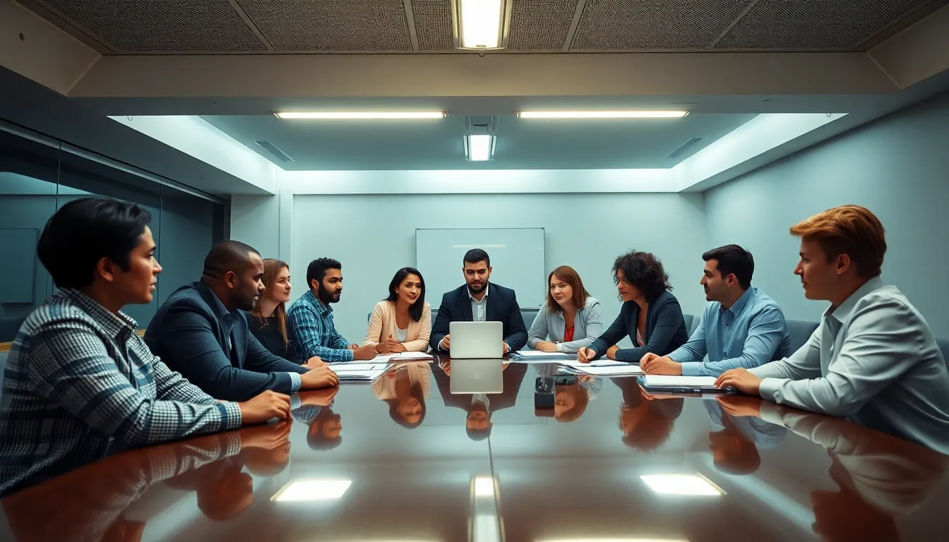 A dynamic bird's eye view showcases a diverse team engaged in a strategy meeting around a sleek conference table. Bright overhead lights illuminate the scene, fostering a professional and focused atmosphere. Documents and digital devices spread across the table enhance the productivity vibe. The cool blues and grays of the color palette add to the professional and clean aesthetic.