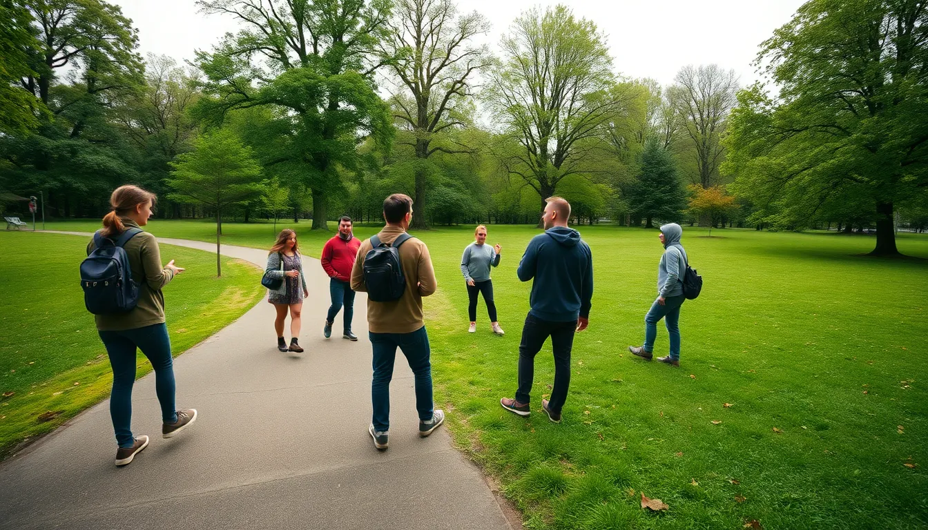 Team Building Exercise in a Park In a serene park setting, a team participates in an outdoor team-building exercise, showcasing collaboration and camaraderie. The overcast skies provide diffused light, creating an even and soft atmosphere as the participants engage in various activities. The lush green background contrasts beautifully with their casual attire, and the leading lines of the path draw viewers' eyes towards the dynamic interactions among team members.