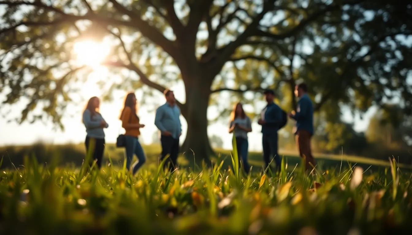 A vibrant outdoor scene showing a diverse group of colleagues participating in a team-building exercise in a lush park. Dappled sunlight filters through the canopy, creating beautiful bokeh highlights around the enthusiastic faces laughing together. The composition employs leading lines, drawing the viewer's eye toward the active group, while the natural muted tones and textures of the environment evoke a sense of unity and camaraderie.