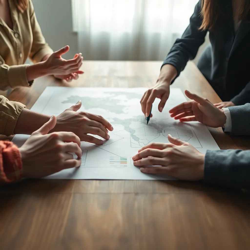 This image captures the hands of team members working together on a project plan, emphasizing collaboration and creativity. The warm natural light enhances the textures of the wooden surface and materials, creating an inviting workspace. The intimate focus on their hands tells a story of teamwork and shared goals. The serene color palette and intricate details make this an engaging representation of collaborative efforts.