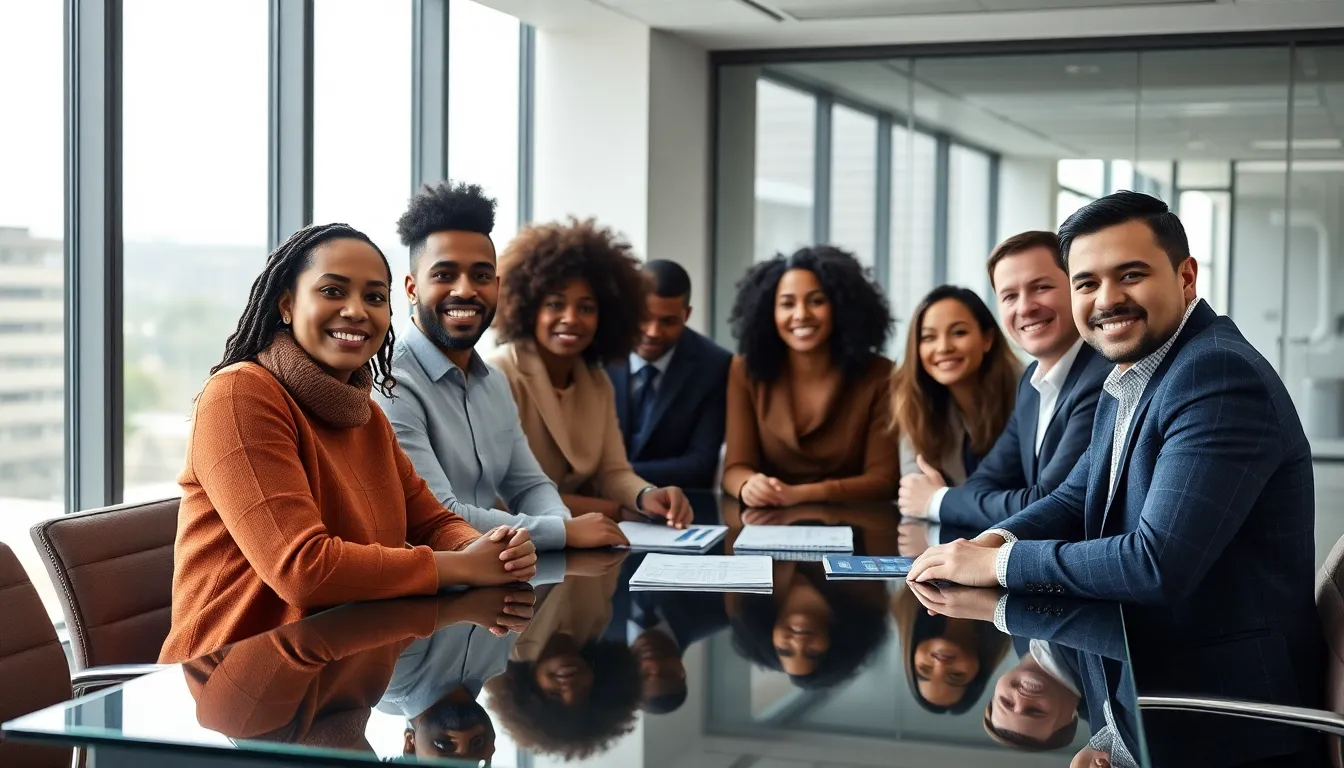 Diverse Team Collaboration in Conference Room This image captures a moment of teamwork in a modern conference room, showcasing a diverse group of professionals deeply engaged in discussion. The soft natural lighting through large windows enhances the warm atmosphere, while the sleek glass table reflects their collaborative spirit. The focus on the subjects highlights their expressions and interactions, conveying a sense of unity and innovation. With a balanced composition, the scene encourages viewers to appreciate the dynamics of teamwork in a professional setting.