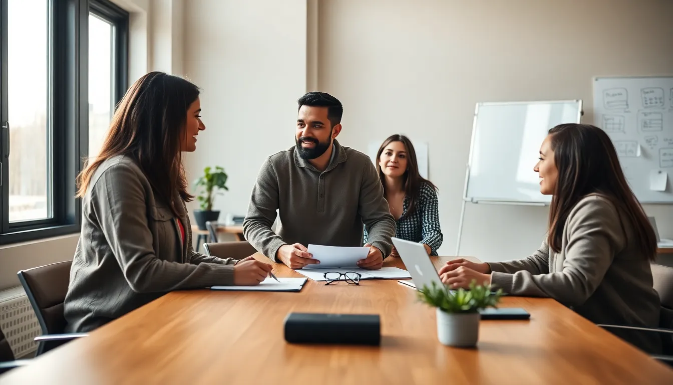 This vibrant photo captures a diverse team enjoying an animated brainstorming session in a contemporary office environment. With natural light filtering through expansive windows, the mood is energetic and collaborative. The contrasting textures of polished wood and colorful office supplies create an engaging visual landscape. The composition emphasizes teamwork, with subjects positioned dynamically for a lively atmosphere.