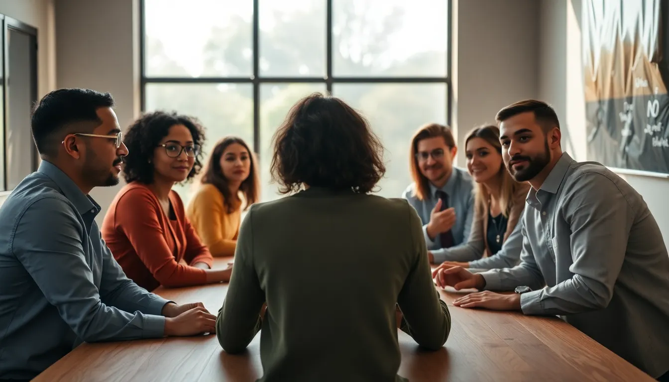 Diverse Team Engaged in Brainstorming Session This image captures a diverse group of professionals deep in discussion during a brainstorming session. Bathed in soft, diffused natural light, their focused expressions and open body language convey an atmosphere of collaboration and creativity. The warm wooden tones of the table and the background blur enhance the emphasis on teamwork. The arrangement in the frame encourages the viewer to feel part of the dynamic conversation, making it ideal for business themes.