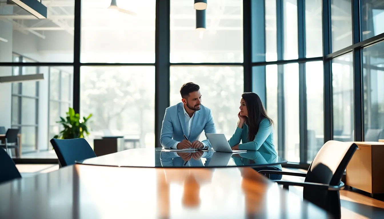 Collaborative Team Meeting in Modern Office A vibrant scene of a diverse team of professionals engaged in a brainstorming session inside a bright, modern office. The focus is on three individuals, animatedly discussing ideas, surrounded by sleek furniture and large windows allowing natural light to flow in. The polished surfaces of the glass table and wooden elements add depth and texture to the composition, enhancing the feeling of teamwork and collaboration.