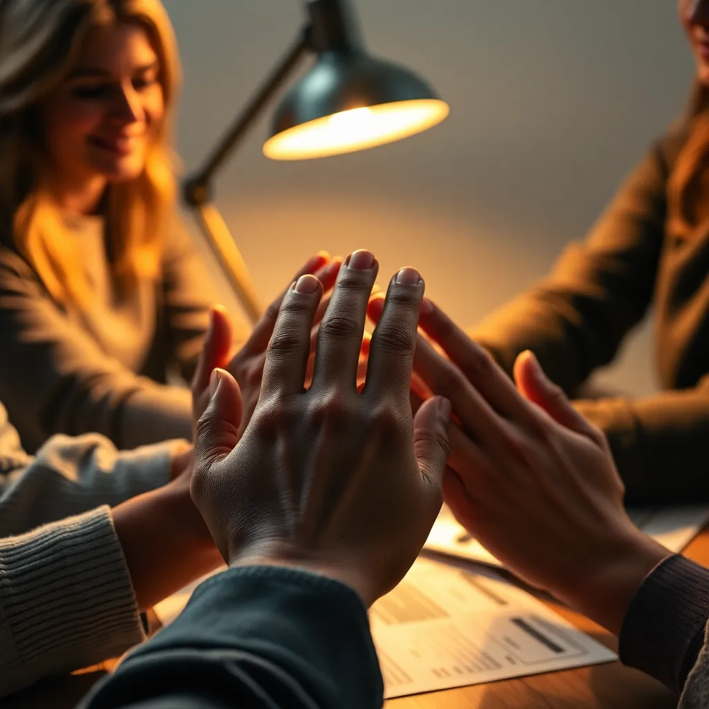 Close-Up of Hands Collaborating on a Project This intimate close-up image beautifully captures the hands of a diverse group of professionals as they collaborate on a shared project. The warm glow from a desk lamp highlights the textures and details of their hands, reflecting the dedication and teamwork involved. The shallow depth of field draws attention to the project materials, creating a personal connection with the viewer. Rendered in natural muted tones, this image encapsulates the essence of collaboration in a focused workspace, making it a symbol of teamwork and creativity.
