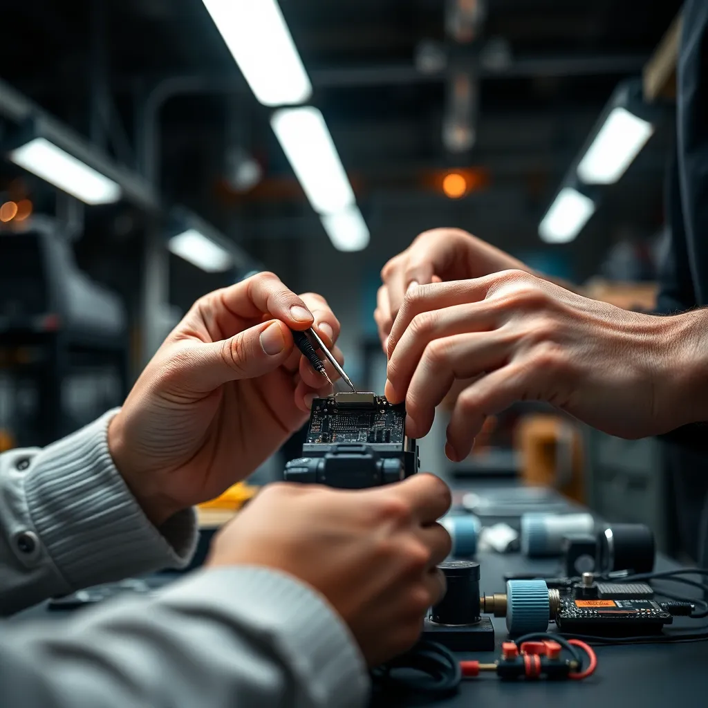 This intimate close-up photo showcases hands working collaboratively on a prototype in a high-tech workshop, emphasizing the intricate details of their task. Warm tungsten lights create a welcoming yet industrious atmosphere, while the shallow depth of field enhances the focus on the hands, tools, and materials. The textures of skin and components reveal the dedication and teamwork involved in the creative process.