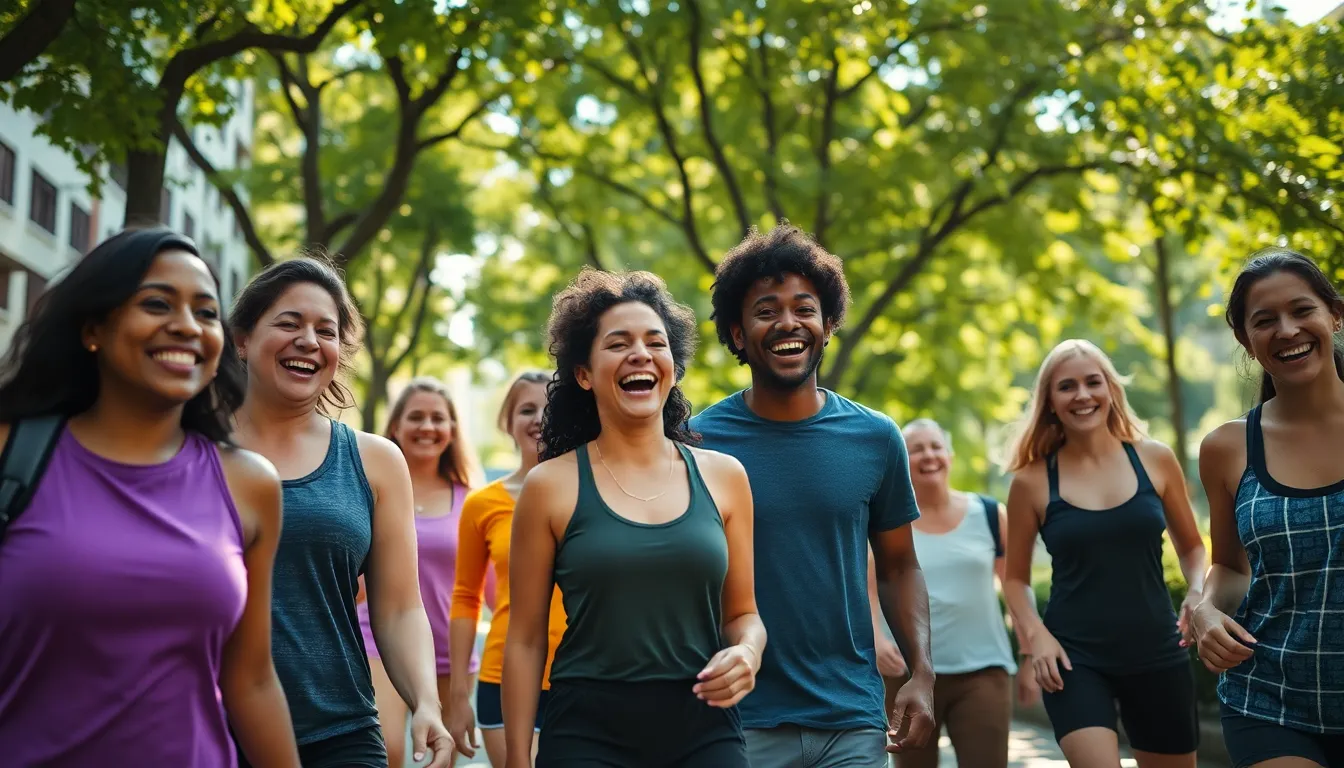 Diverse Team in Outdoor Team-Building Activity This lively image depicts a diverse group of individuals taking part in an outdoor team-building activity in a vibrant urban setting. Dappled sunlight filters through the trees, adding depth and warmth to the scene. With everyone focused on teamwork and collaboration, the vibrant colors and energetic poses highlight the spirit of camaraderie and engagement. It captures the essence of teamwork outside a traditional office environment.