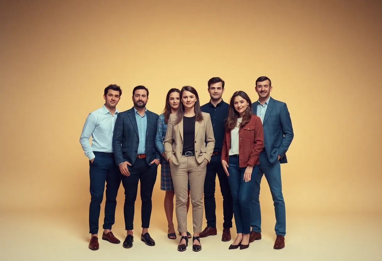Confident Team Portrait in Studio In this polished studio portrait, a diverse team stands confidently together, dressed in smart casual attire. Illuminated beautifully by a softbox and edge lighting, their expressions convey professionalism and determination. The warm color palette and the subtle textures of their clothing complement the scene, making it an excellent representation of teamwork in the business world.