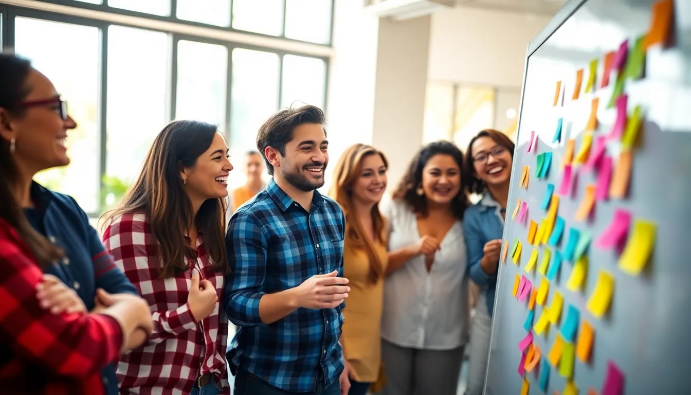 Vibrant Team Brainstorming Session This dynamic indoor image showcases a diverse group of colleagues energetically brainstorming around a whiteboard adorned with colorful sticky notes. Bathed in natural light streaming through large windows, the vibrant setting fosters creativity and collaboration. The focus highlights their animated expressions, encapsulating the excitement of teamwork while the background gently blurs to keep attention on their interaction. A bright, saturated color palette adds to the image's liveliness, making it a perfect representation of collaborative brainstorming in a modern workplace.