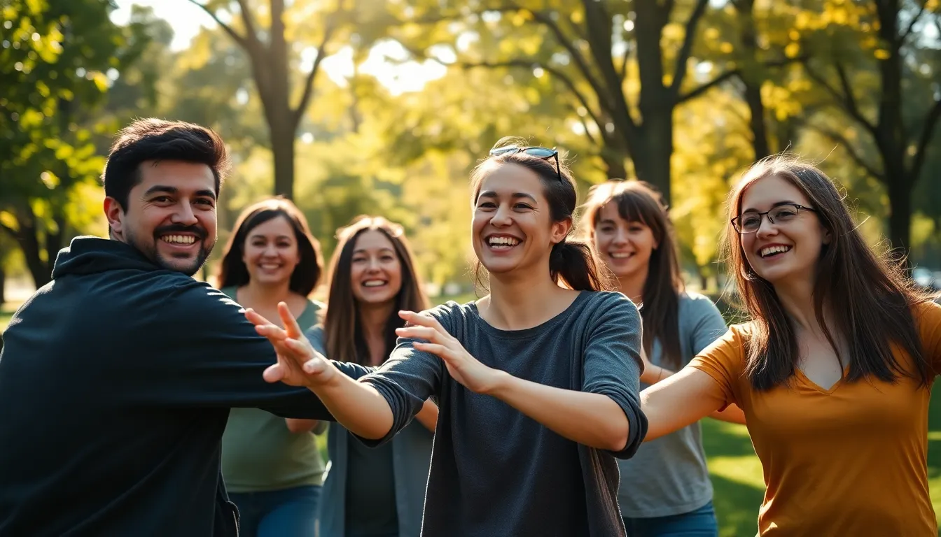 Team Building Activity in the Park This lively image captures a team participating in a fun outdoor activity in a vibrant park. The dappled sunlight creates a cheerful atmosphere, highlighting their joyful expressions as they engage in teamwork. Utilizing a shallow depth of field, the rich greenery and soft bokeh bring focus on the group, emphasizing their connection. The vibrant color palette invites viewers into this engaging moment of collaboration and camaraderie.