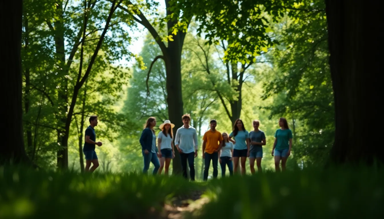 This lively outdoor scene depicts a diverse team participating in team-building exercises under a canopy of trees. The dappled sunlight creates a playful and warm ambiance, highlighting the natural beauty of the surroundings and the energetic interactions of the group. Rich greens and warm skin tones bring life to the image, emphasizing the bond and collaboration among team members. This visual represents the significance of team dynamics fostered in natural settings.