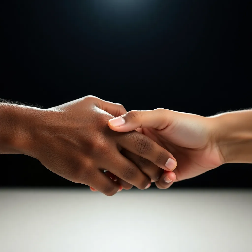 An intimate close-up captures two hands of different ethnicities shaking firmly, symbolizing agreement and teamwork. Dramatic lighting casts a spotlight on their hands against a dark background, enhancing the texture and skin details. The creamy bokeh adds a soft touch, celebrating unity amidst diversity. Rich warm tones evoke a sense of positivity and collaboration.