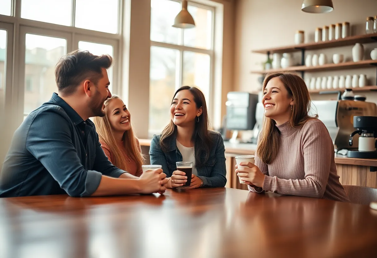 This lively photo captures a team enjoying an informal gathering at a trendy coffee shop, creating a light-hearted atmosphere filled with laughter and camaraderie. The soft morning light enhances the cozy vibe, while the casual yet stylish attire of the team members adds to the inviting essence of the scene. The composition effectively highlights the central group against the blurred activity of the barista, emphasizing the importance of teamwork and connection.