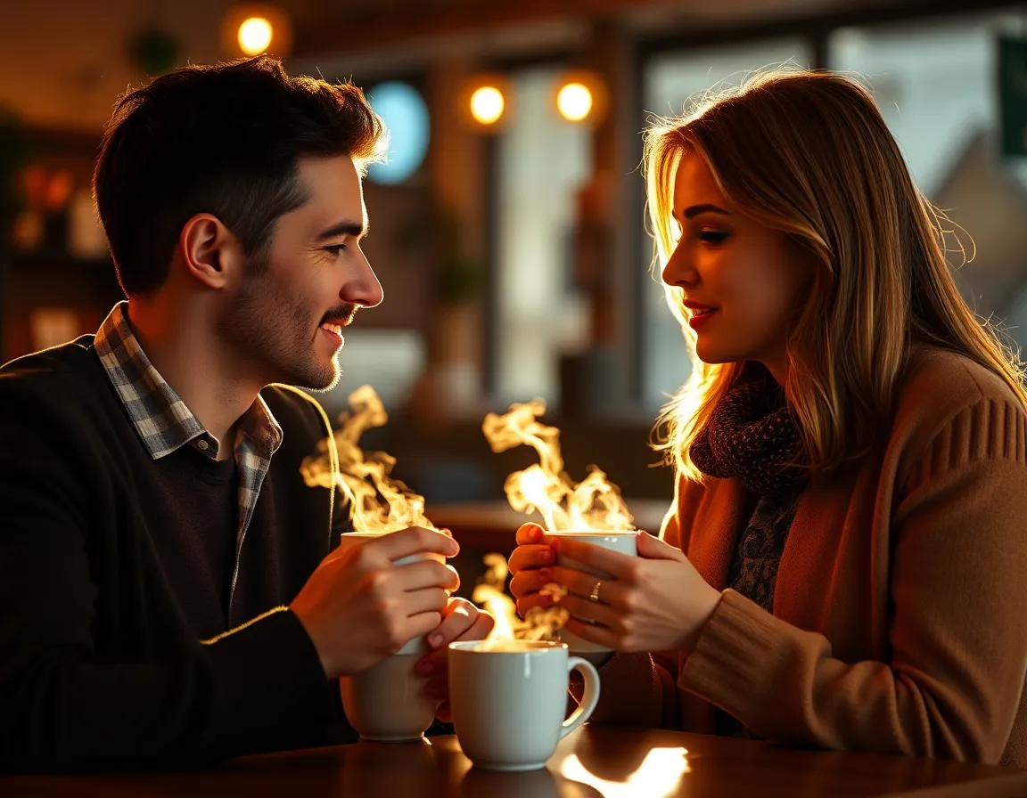 Two colleagues share a casual conversation over coffee in a cozy café, illuminated by warm golden hour light. The steam rising from their mugs enhances the relaxed mood, capturing the essence of teamwork in informal settings. The soft focus in the background invites viewers to concentrate on their expressions and interaction. This image conveys the warmth and camaraderie that often accompanies business discussions.
