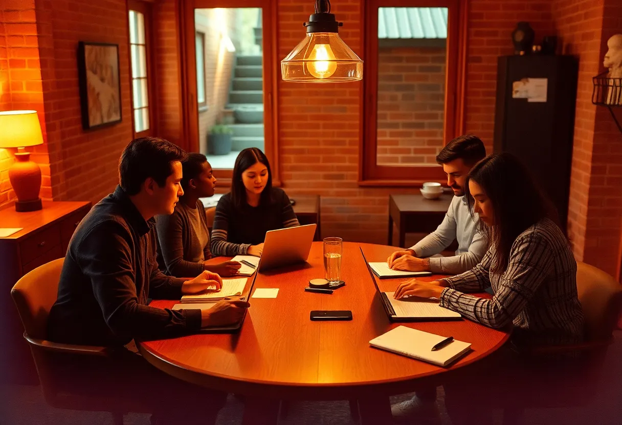 A warm, inviting scene of a small team engaged in a brainstorming session at a round table. The warm tungsten lighting enhances the cozy atmosphere, while the rich Kodak Portra 400 color palette brings out the warmth in their expressions. The composition centers around the table, drawing the viewer's attention to the notebooks and laptops filled with ideas, surrounded by a diverse group of individuals deeply immersed in discussion.