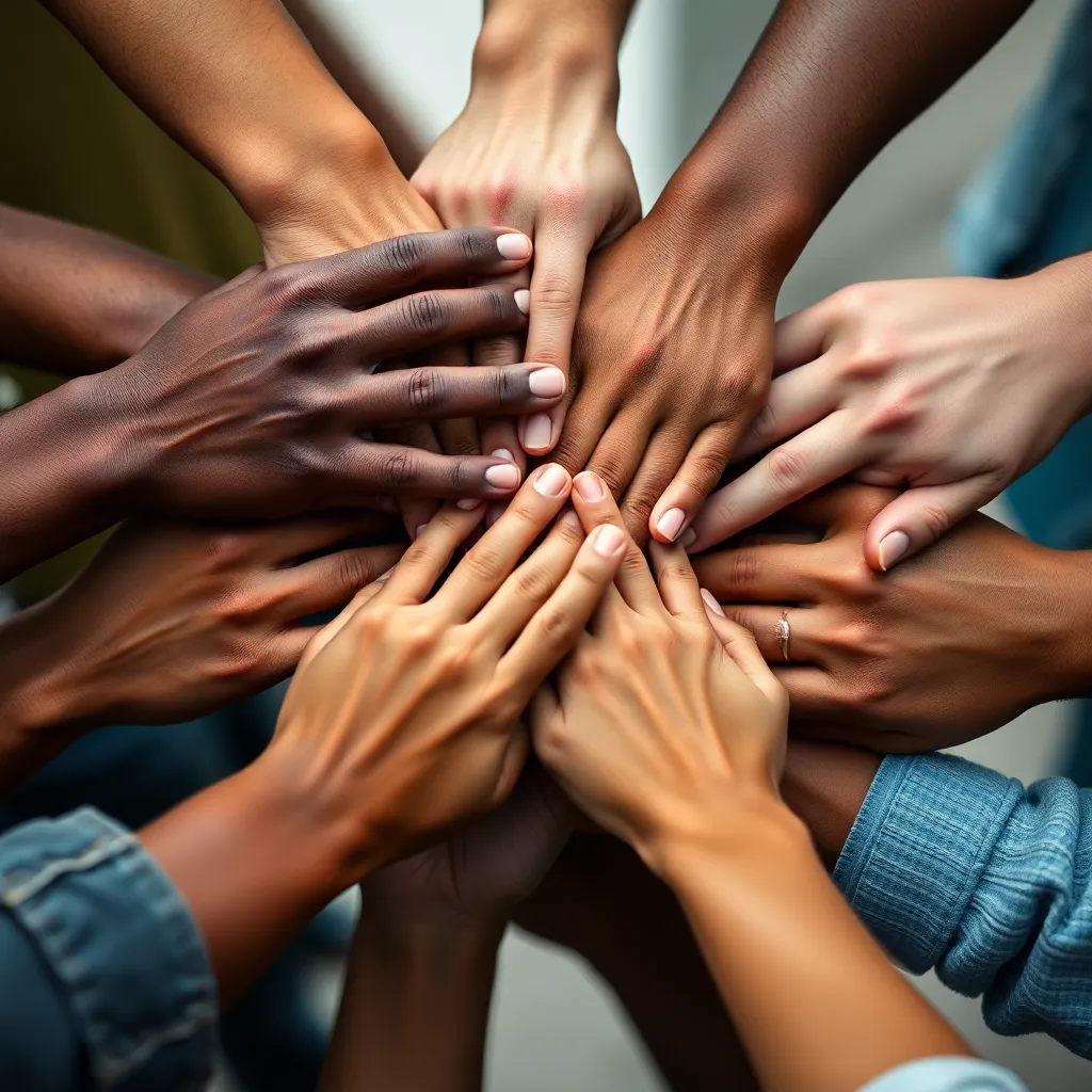 This close-up image beautifully captures diverse hands coming together in a powerful display of unity and teamwork. The even, diffused daylight brings warmth to the skin tones, showcasing the intricate textures and details. The shallow depth of field draws focus to the moment of connection, emphasizing the importance of collaboration. The composition highlights the diversity and strength found in teamwork.