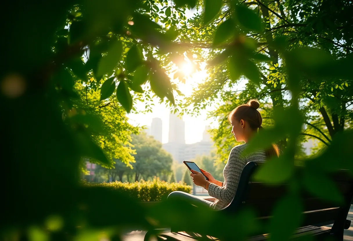 Person Using Tablet in Urban Park