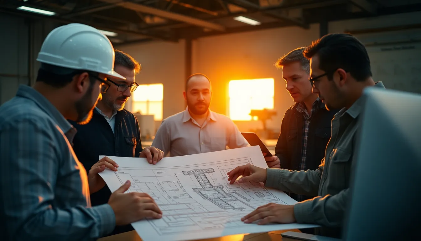 Engineers Collaborating on Blueprint