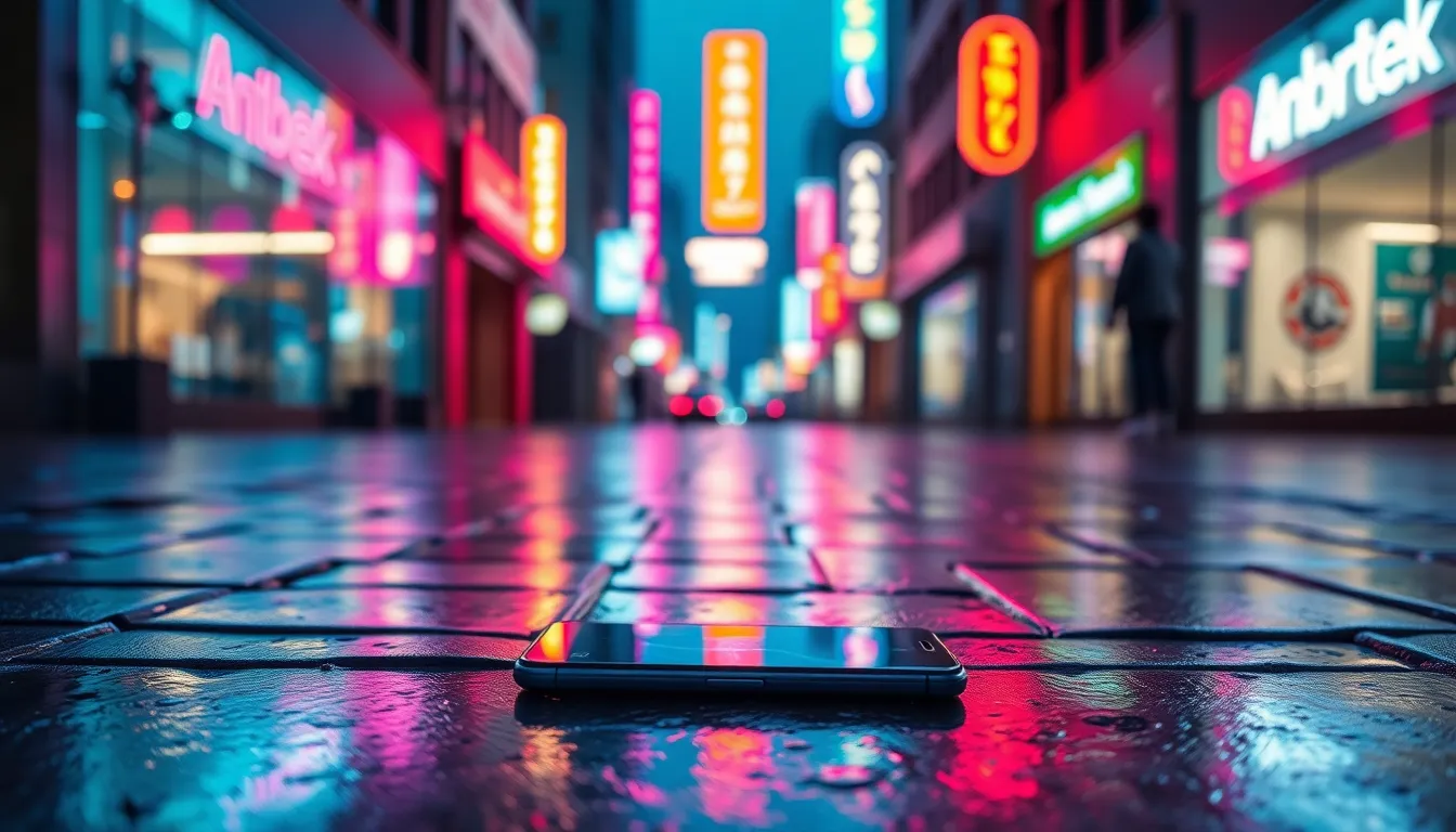 Smartphone on Rainy Urban Night
