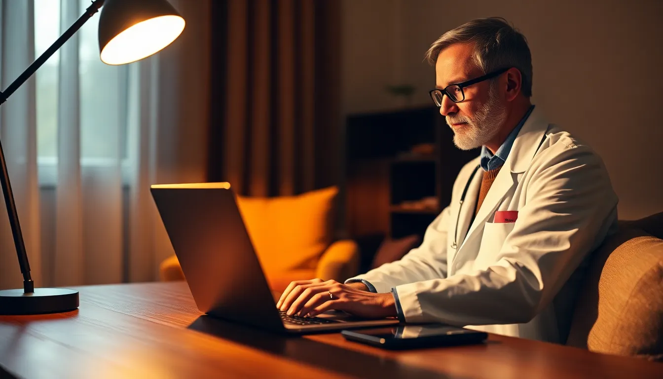A medical professional in a white coat engages in a telehealth consultation, captured in warm lighting creating a cozy atmosphere. The image showcases the doctor’s focused expression and the glow from the laptop screen illuminating the room. Rich wood textures and soft fabric drapes enhance the inviting setting, emphasizing the personal nature of telemedicine consultations.