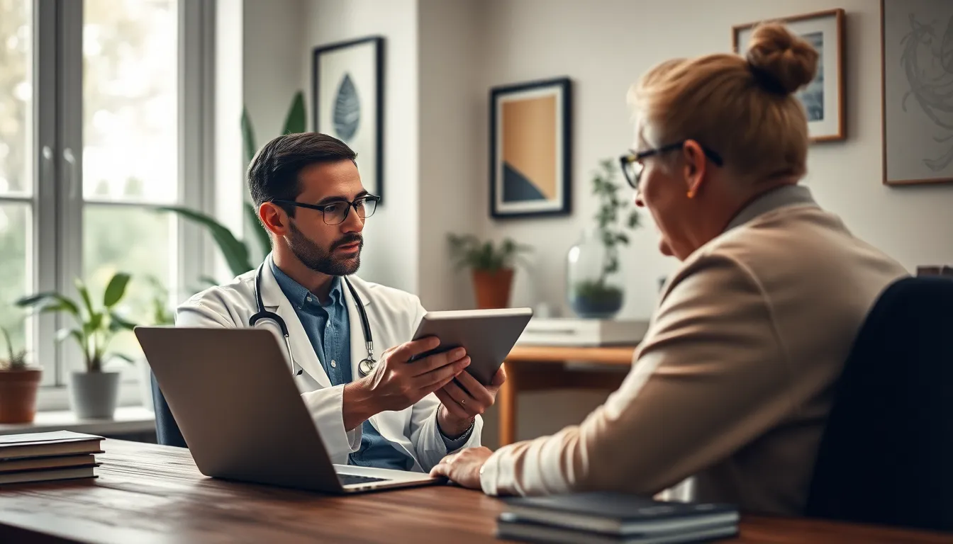 Doctor Consulting Patient Via Tablet This image captures a doctor engaged in a telemedicine consultation with a patient. The setting is a modern office with natural light filtering through a window, creating a cozy atmosphere. The focus is on the interaction, highlighting the significance of technology in healthcare. The muted color palette enhances the professional yet warm feel of the scene.