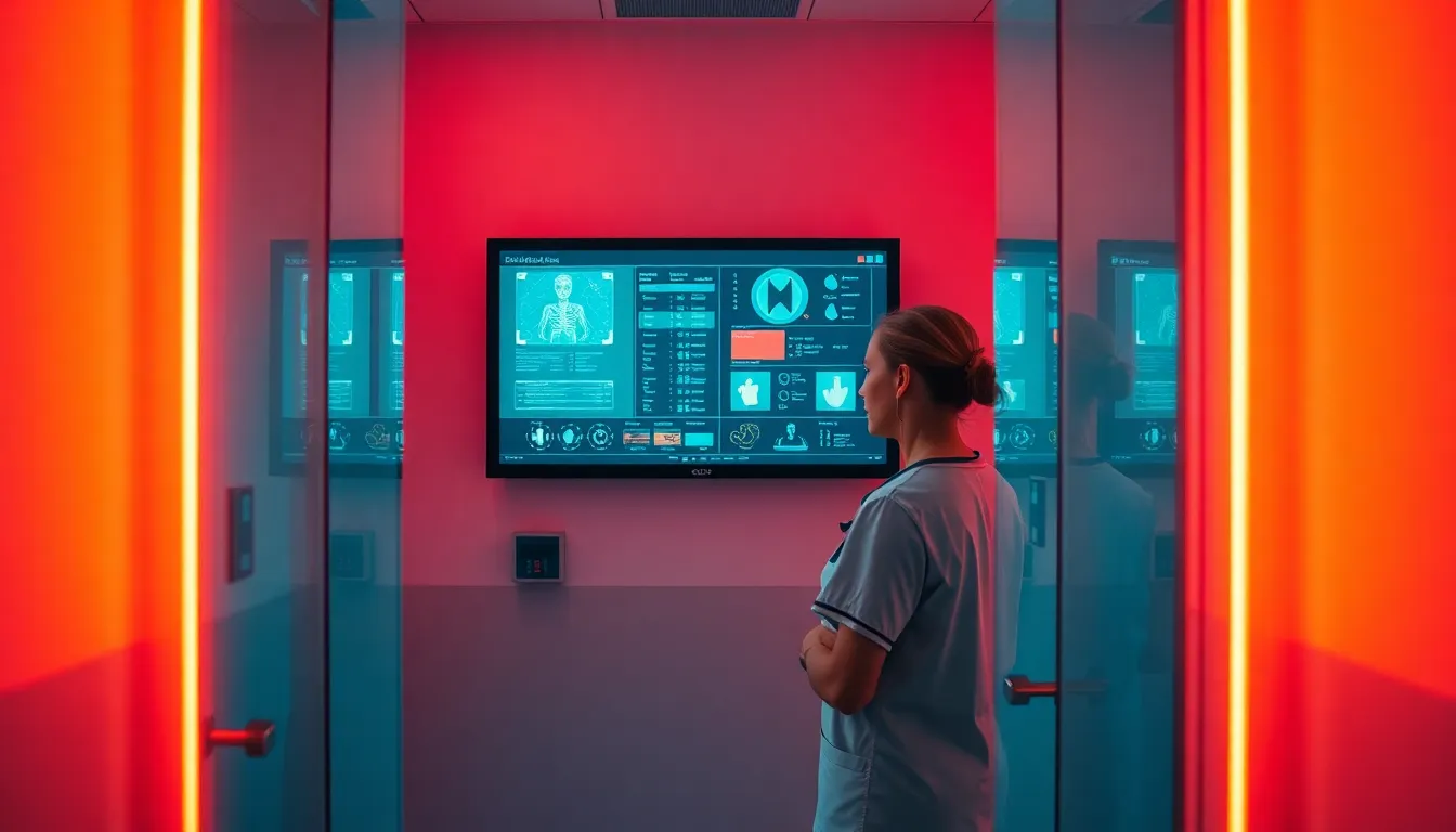 A nurse efficiently navigates through patient data displayed on a high-tech screen within a modern clinic. The neon glow from the screen lights up the room with a cinematic palette of teal and orange. The composition captures the essence of technological integration in healthcare, revealing sharp details in the nurse's focused expression and the sleek glass surfaces around her.