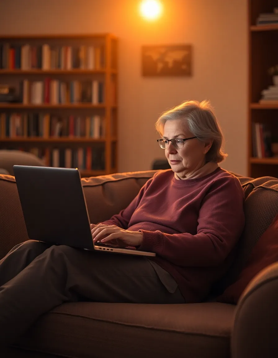 A tranquil scene depicts a patient seated comfortably on a couch, engaged in a telemedicine appointment via laptop during golden-hour light. The warm hues of sunset create a welcoming glow, enhancing the cozy atmosphere. Textures of the couch fabric and the glow from the laptop screen bring warmth to the image. The centered composition draws attention to the patient, reflecting the intimacy and importance of virtual healthcare.