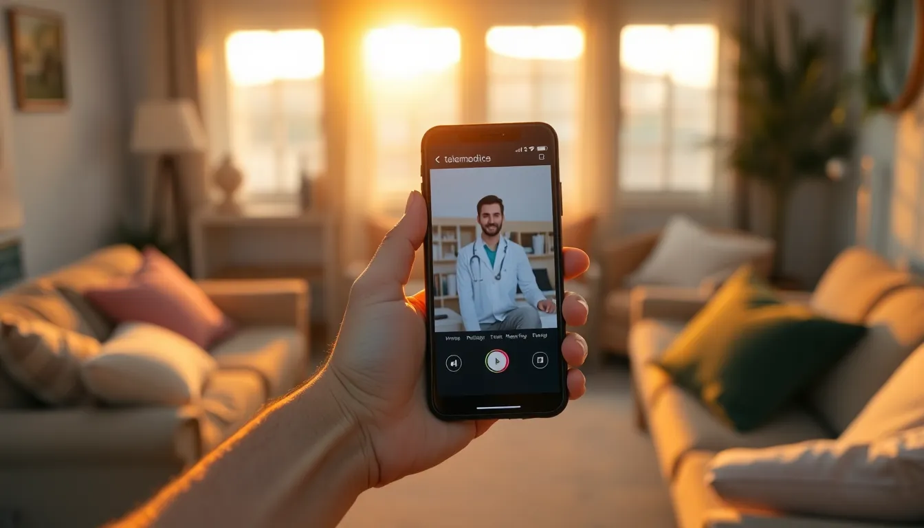 Patient Using Telemedicine App on Smartphone The image illustrates a patient's hand interacting with a telemedicine application on a smartphone. The golden hour light provides a warm and inviting ambiance, highlighting the importance of technology in accessing healthcare. The surrounding homey environment adds comfort, emphasizing how telemedicine fits seamlessly into daily life.
