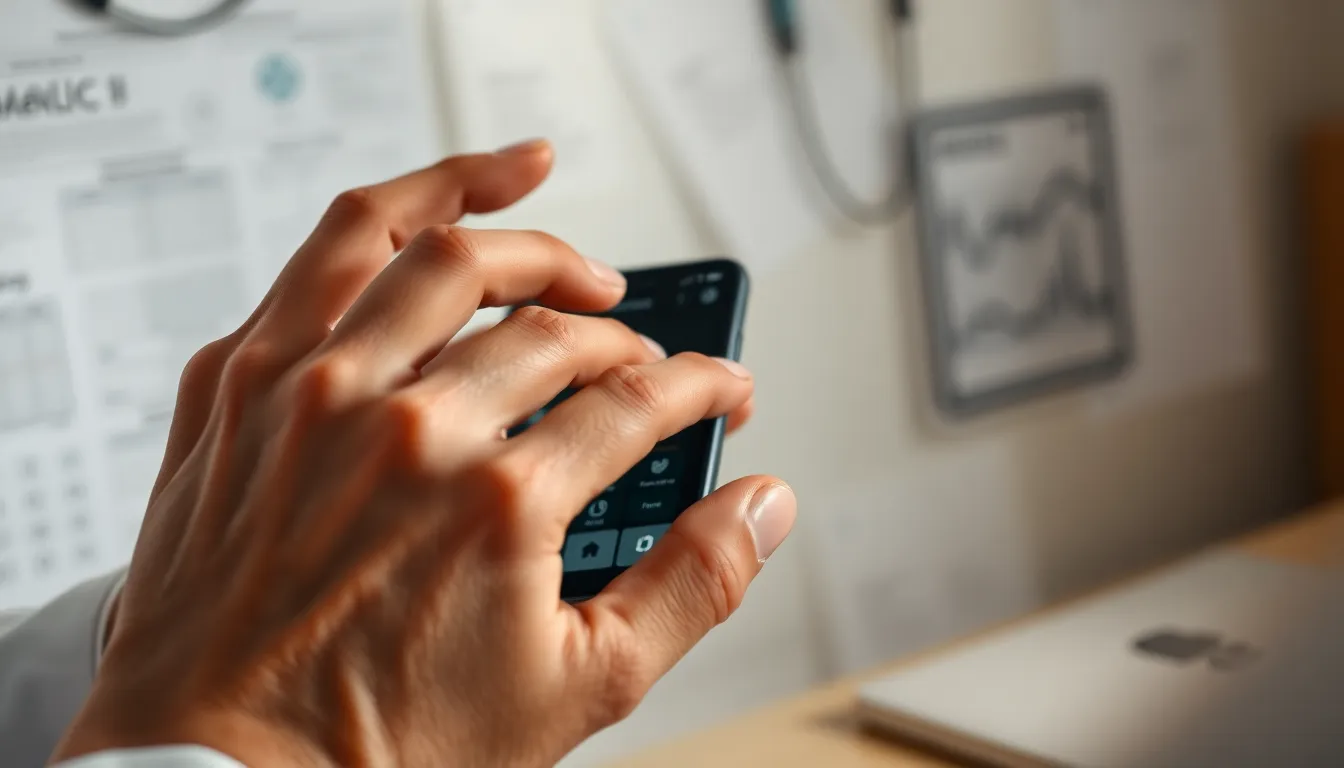 A close-up view of a doctor’s hands demonstrating a health monitoring app on a smartphone. The soft, diffused lighting creates an intimate and inviting atmosphere. This image captures the tactile interaction between healthcare technology and patient engagement, emphasizing the role of telemedicine in modern healthcare.