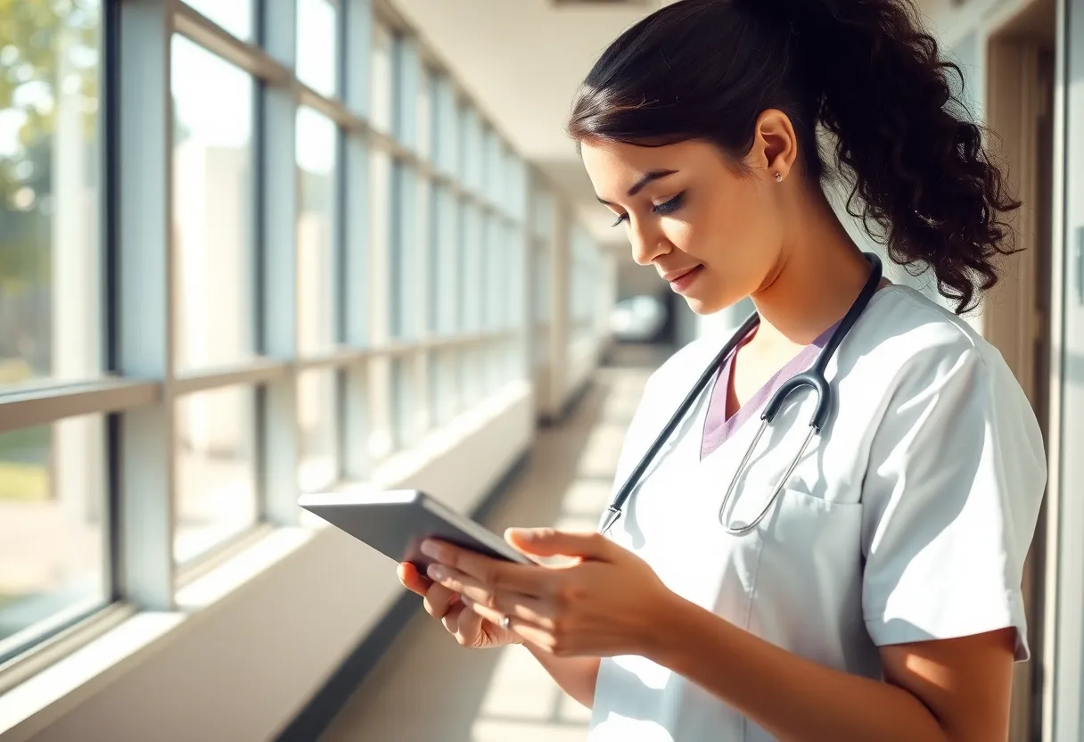 Nurse Utilizing Telehealth Technology In a bright clinic corridor, a telehealth nurse utilizes a tablet to review patient notes, embodying the intersection of technology and healthcare. The soft glow of natural daylight enhances the clean and clinical atmosphere, while dappled sunlight adds visual interest. This image highlights the role of technology in streamlining patient care, with a focus on the nurse's thoughtful engagement and professional demeanor. The modern setting evokes a sense of trust and innovation in healthcare.