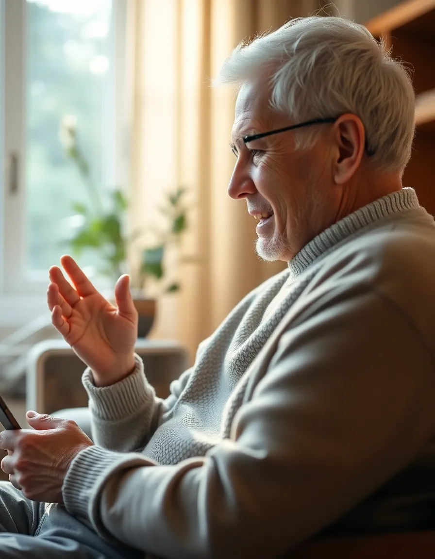 An elderly patient participates in a telemedicine session from the comfort of their home, radiating a sense of ease and engagement. Natural daylight fills the room, creating a warm and inviting atmosphere. The shallow depth of field focuses on the patient, emphasizing their connection to technology. This image captures the essence of accessibility in healthcare, reflecting a growing trend toward telehealth in everyday life.