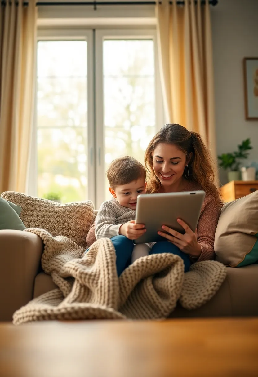 Mother and Child Engaging in Telehealth Session at Home A mother and her child engage in a telehealth session using a tablet in their cozy living room. Warm ambient light casts a soft glow, enhancing the homey atmosphere. The child, attentively watching the screen, and the mother, gently guiding the session, exemplify the family-oriented nature of telemedicine. This image captures the nurturing environment that supports health and wellness through technology.