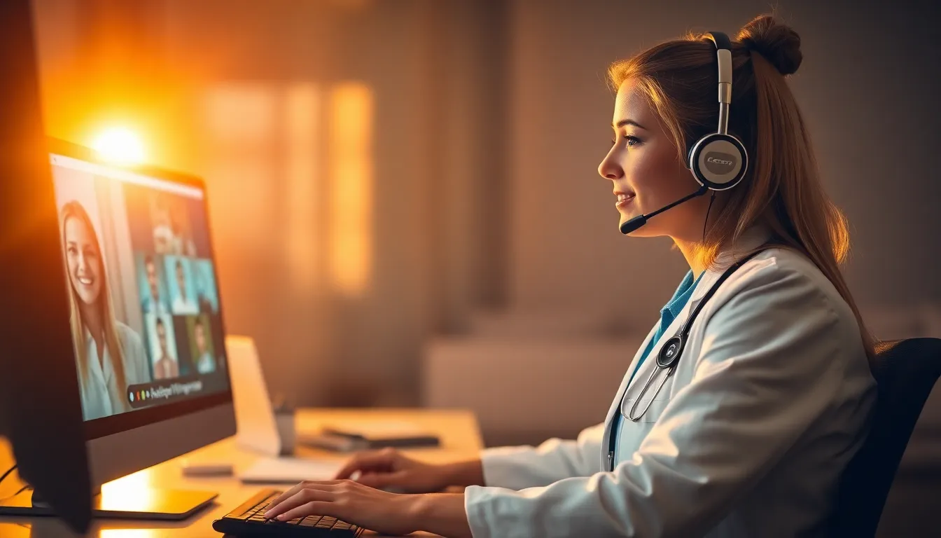 A young doctor, dressed in a white coat, engages in a telemedicine consultation at her desk during golden hour. Warm rim lighting illuminates her face while her computer screen casts a soothing blue glow. The image captures the essence of modern healthcare, emphasizing the doctor's professionalism and dedication. The setting is adorned with medical paraphernalia, effectively blending technology and personal touch in patient care.