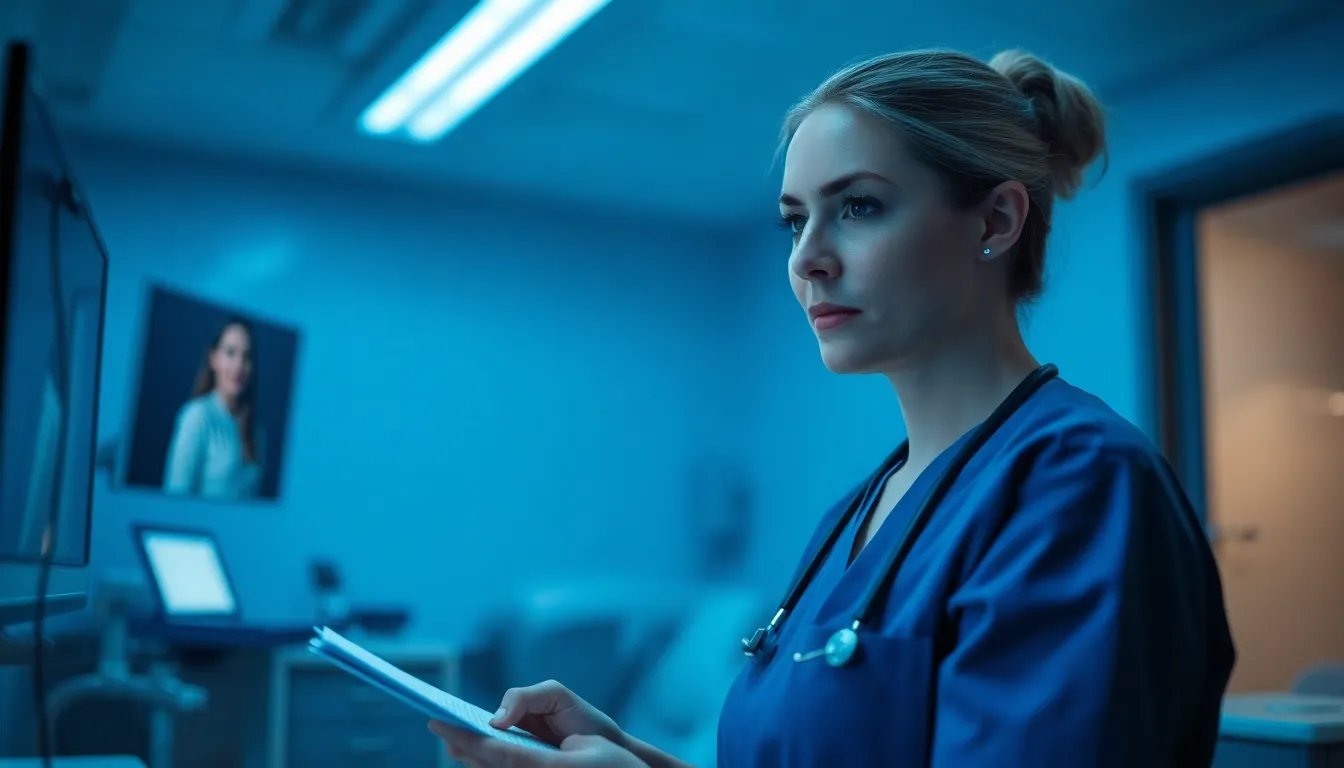 Captured during twilight, a dedicated nurse focuses on a video consultation in a modern telemedicine room. Illuminated by cool blue overhead LED lights, the scene conveys professionalism and calmness. The shallow depth of field emphasizes her concentrated expression as she diligently takes notes. The composition highlights the importance of nursing support in telemedicine, surrounded by essential medical instruments, creating a professional atmosphere.
