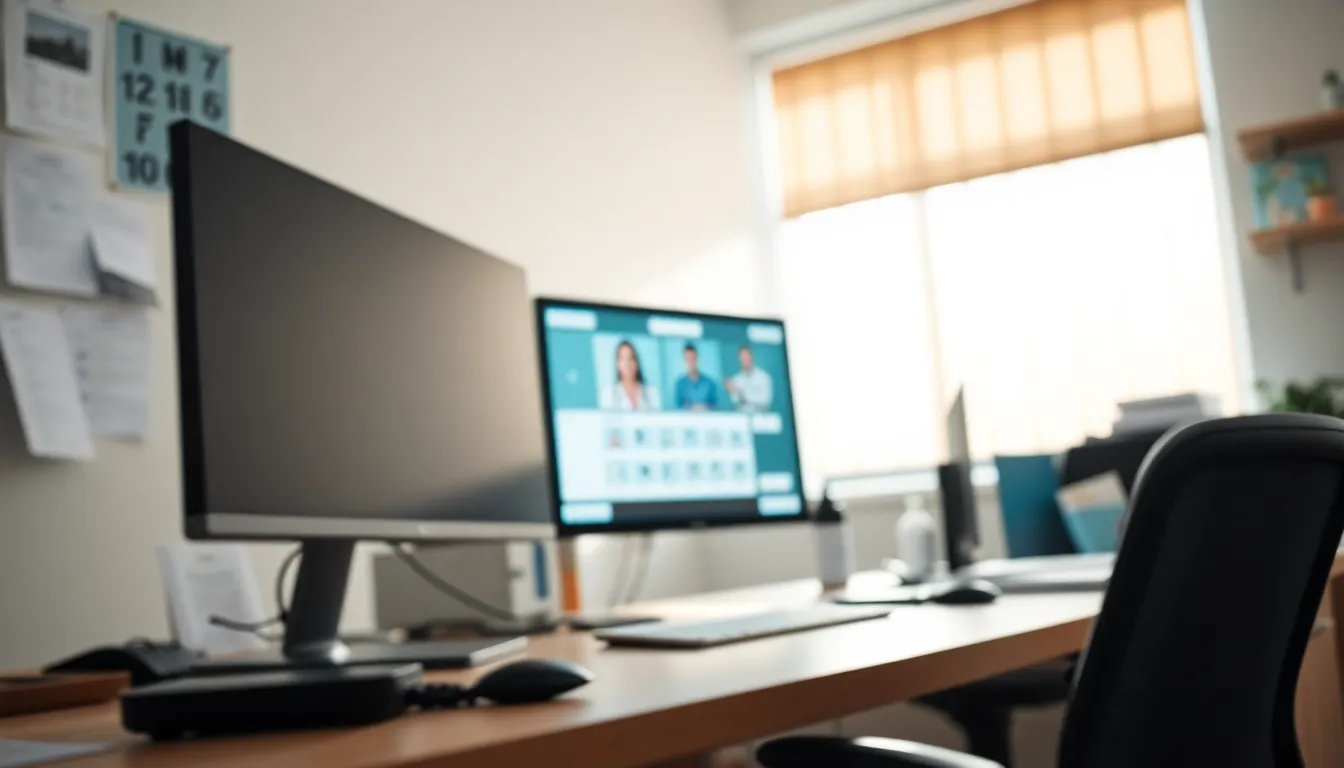 This detailed image presents a doctor’s office equipped for telehealth, with a computer monitor displaying a telehealth interface. Soft diffused daylight brightens the workspace, creating an inviting professional atmosphere. The sharp focus on all elements, including medical tools and paperwork, emphasizes the organized nature of the consultation space. The composition effectively leads the viewer's gaze towards the telehealth setup, highlighting the modern approach to patient care.