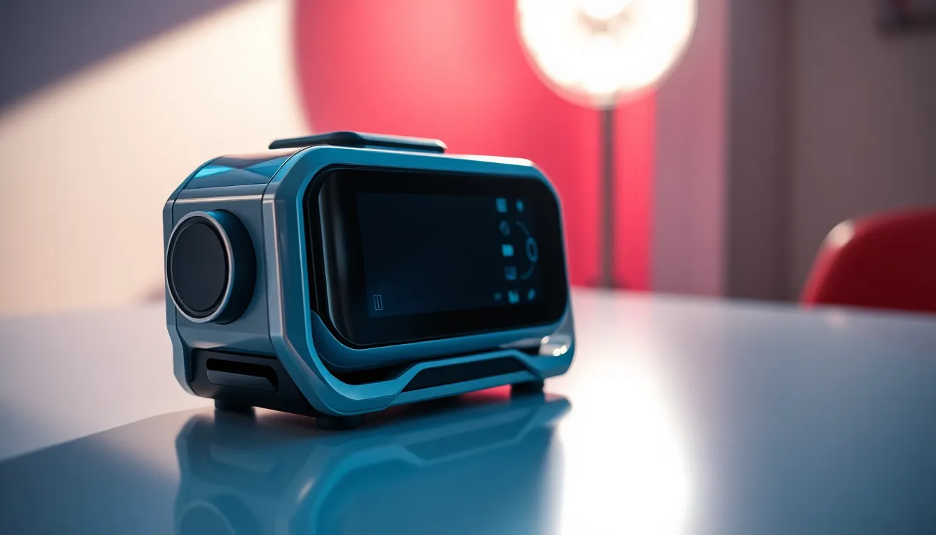 An ultra-modern telemedicine device sits elegantly on a sleek table, showcasing the latest technology in healthcare. The bright studio lighting creates high contrast, emphasizing the glossy surfaces of glass and polished metal. With vibrant colors and a shallow depth of field, the image captures the device’s intricate details, inviting viewers into a world of advanced medical solutions.