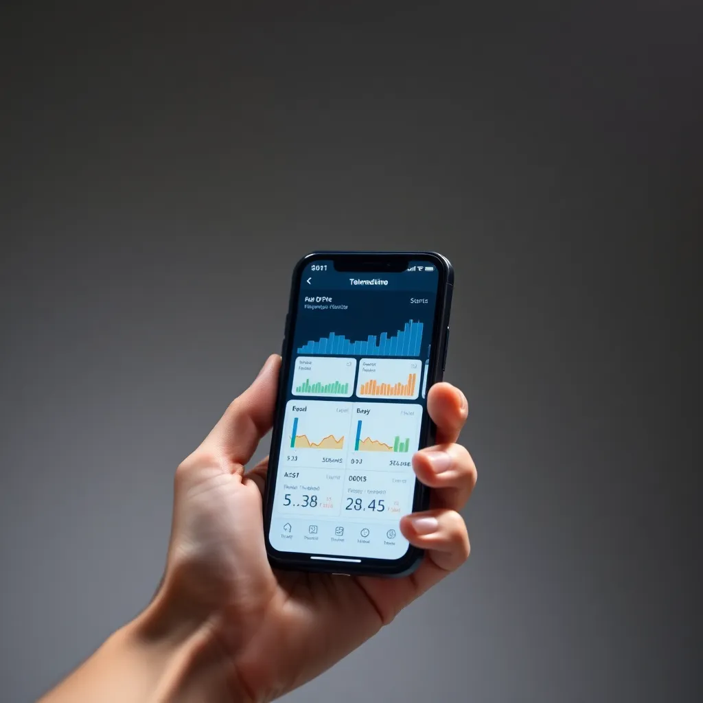 A close-up image of a hand holding a smartphone displaying a telemedicine application filled with graphs and charts. The soft studio light highlights the details on the screen while the creamy bokeh background ensures a modern and minimalist feel. The cool tones contrast with the vibrant colors of the app interface, symbolizing the integration of technology and healthcare.