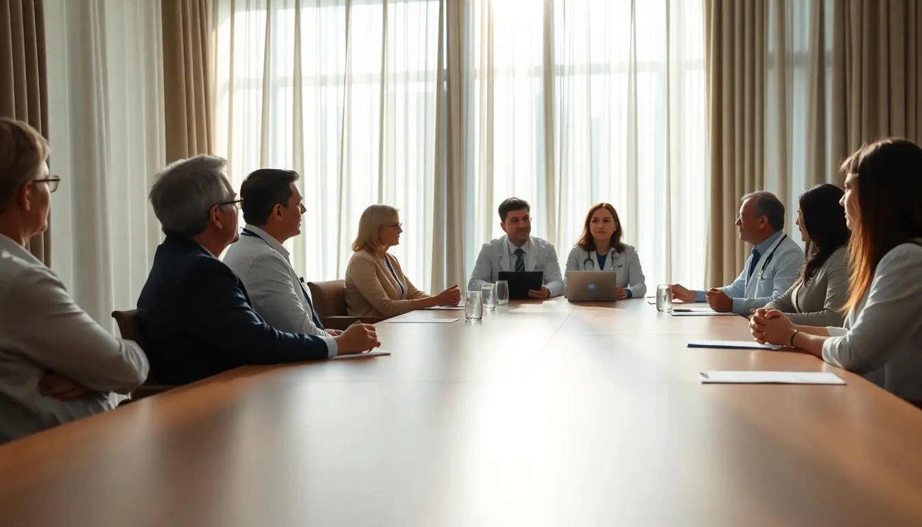 A group of healthcare professionals gathers around a conference table, brainstorming telemedicine strategies. Soft diffused daylight filters through sheer curtains, illuminating the room in natural muted tones that evoke a collaborative spirit. The composition emphasizes leading lines from the table toward the engaged faces of the team, highlighting their passion for improving patient care through technology.