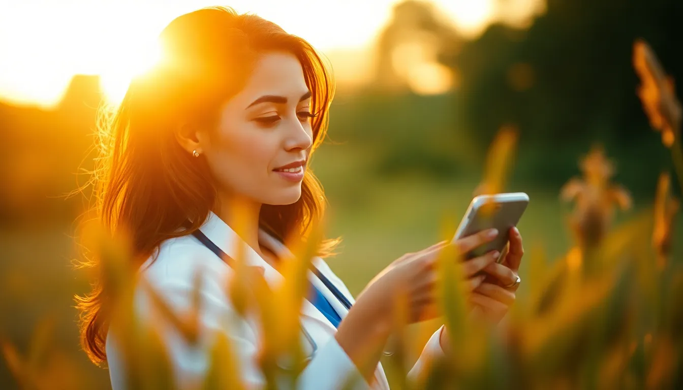 A clinician stands outdoors in a garden, conducting a telemedicine session on their smartphone. The golden hour light creates a warm atmosphere, with soft bokeh from nearby plants framing the scene beautifully. The clinician's relaxed stance and warm expression reflect the growing trend of outdoor consultations, embodying a modern approach to healthcare that embraces nature.