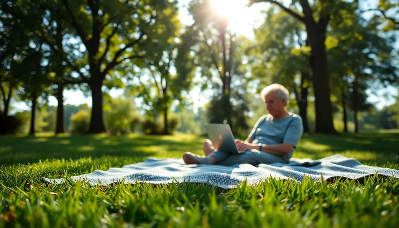 A tranquil scene of a patient engaging in a telemedicine session outdoors, surrounded by nature. Dappled sunlight filters through lush trees, creating a peaceful atmosphere. The patient sits on a blanket, using a laptop, with soft greens and warm earth tones dominating the palette. The image captures the essence of outdoor wellness, blending modern technology with natural beauty.