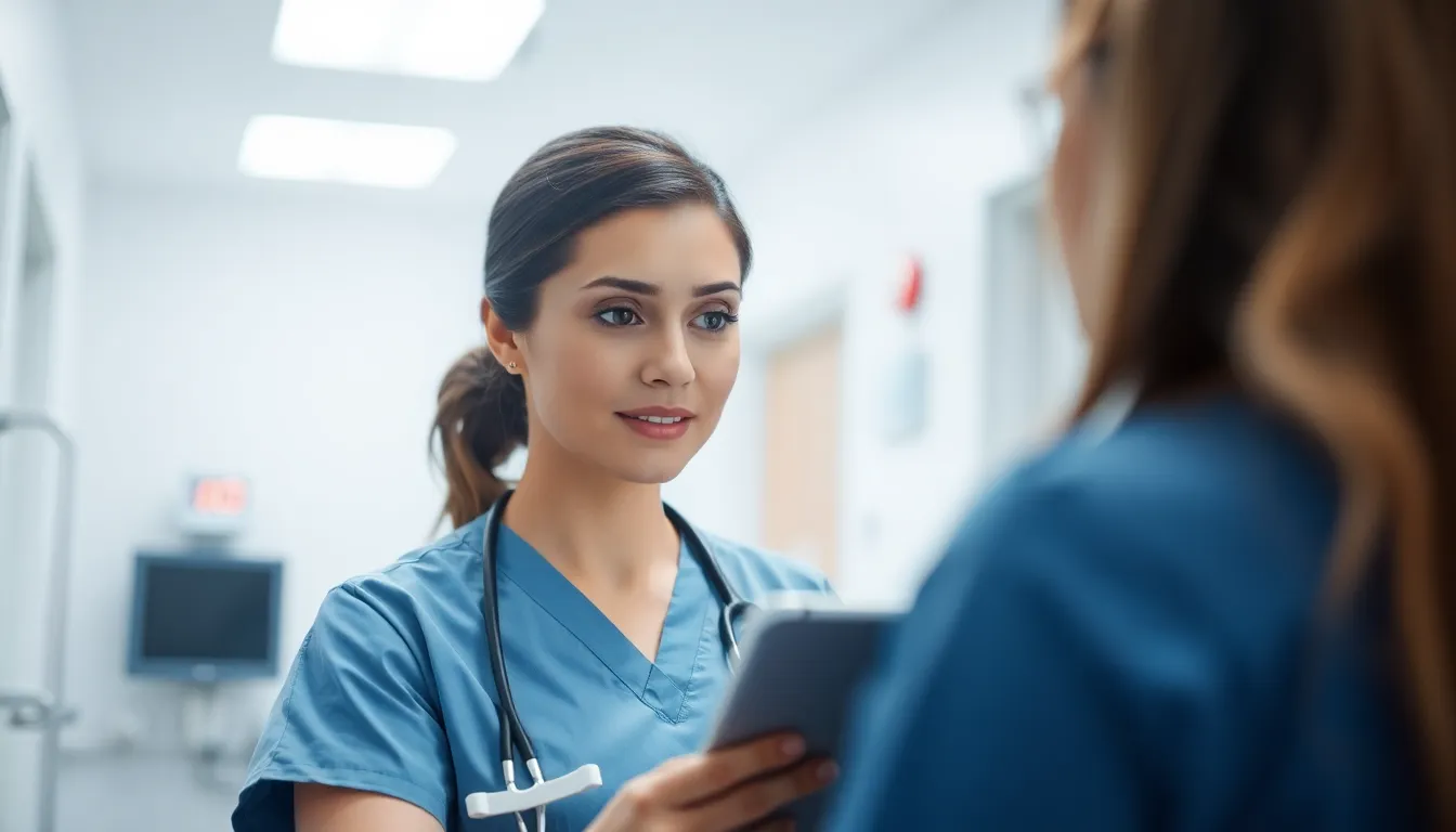 In a bright hospital room, a nurse in scrubs attentively conducts a telemedicine session using a digital tablet. Soft LED lighting creates a welcoming ambiance, while the color palette features clean whites and calming blues. The nurse's focused expression highlights the human connection in telehealth, showcasing how technology is integrated into patient care.
