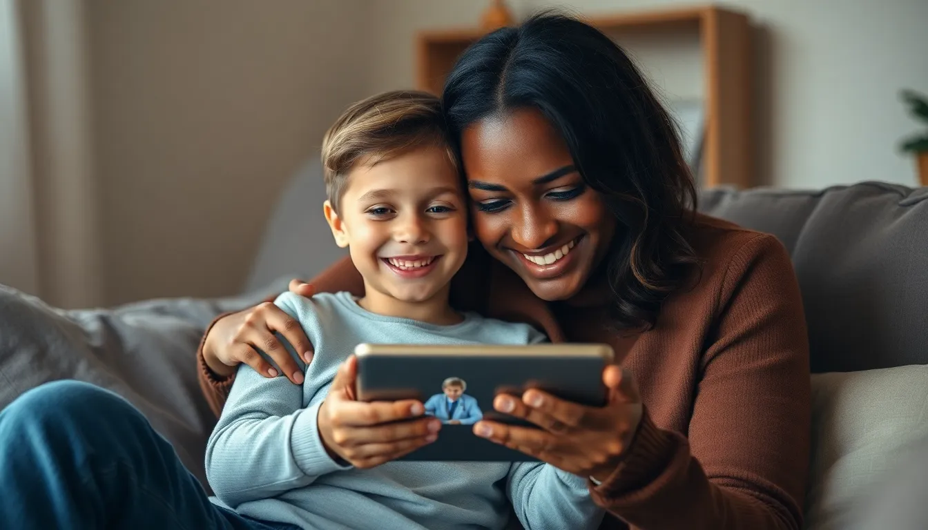Child and Parent Engaged in Telemedicine Session This heartwarming image illustrates a child and parent engaging in a telemedicine session. The studio lighting creates a soft and inviting atmosphere, with their joyful expressions highlighting the supportive nature of family involvement in healthcare. The muted color palette enhances the emotional depth of the moment.