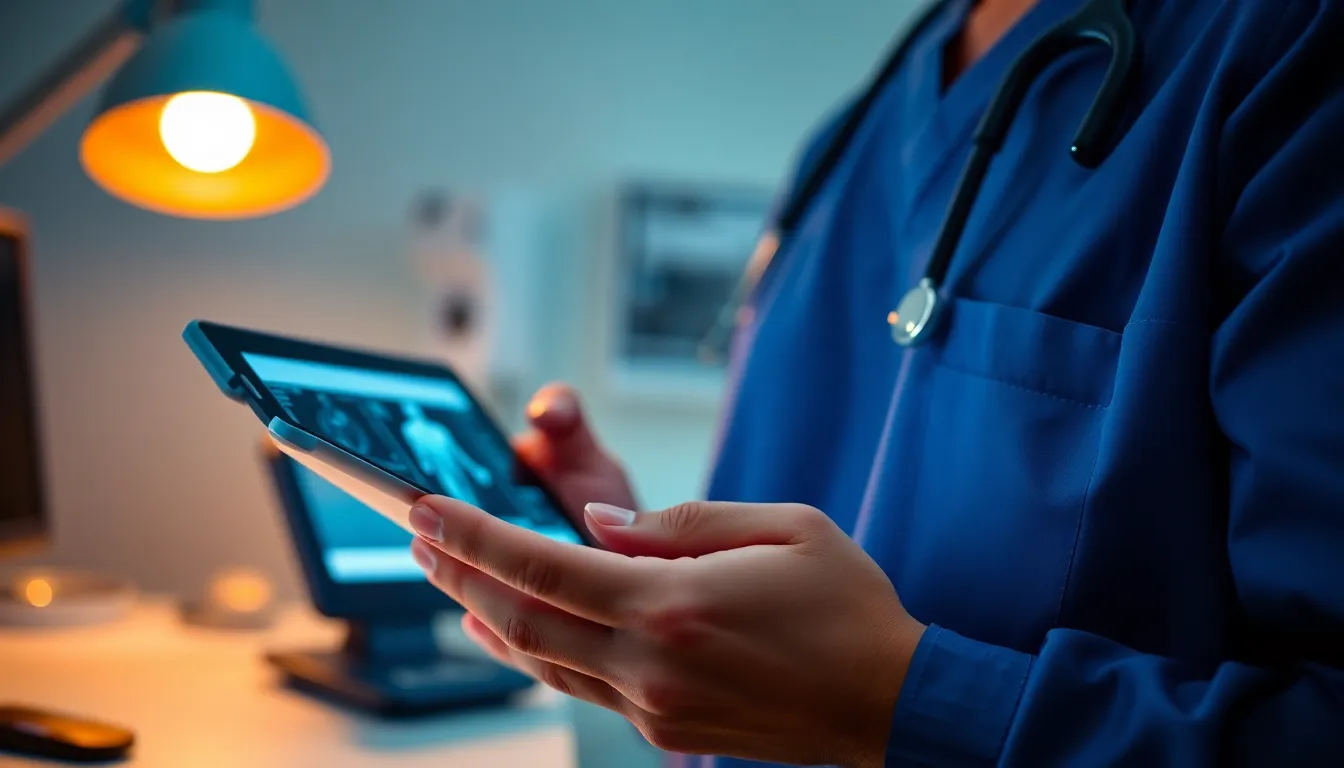 This close-up image showcases a healthcare professional engaged with a tablet, reviewing patient data during a video consultation. The lighting creates a focused and warm atmosphere, enhancing the professionalism of the scene. The composition highlights the detailed interaction between the doctor and the technology, underscoring the seamless integration of telemedicine in patient care. Rich colors bring attention to the tools of modern healthcare.