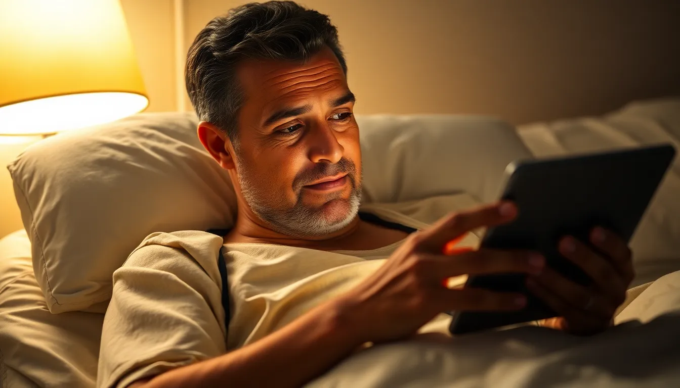 A patient reclines comfortably in bed, interacting with a tablet for a telemedicine consultation. Warm tungsten lighting from a bedside lamp creates a cozy atmosphere, casting soft shadows around. The focus is sharp on the patient’s face, showing their thoughtful expression, while the blanket textures add depth to the cozy scene. This intimate moment highlights the personal touch of digital healthcare.