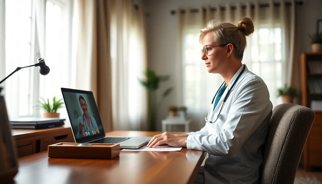 A healthcare professional is seen in a well-lit modern home office, engaged in a telemedicine consultation via laptop. The image captures the essence of remote healthcare, with natural light illuminating the scene, enhancing the warmth of skin tones. Bookshelves and indoor plants in the background create a tranquil yet professional setting, highlighting the shift towards virtual healthcare solutions. The composition draws attention to the doctor while providing context to the environment.